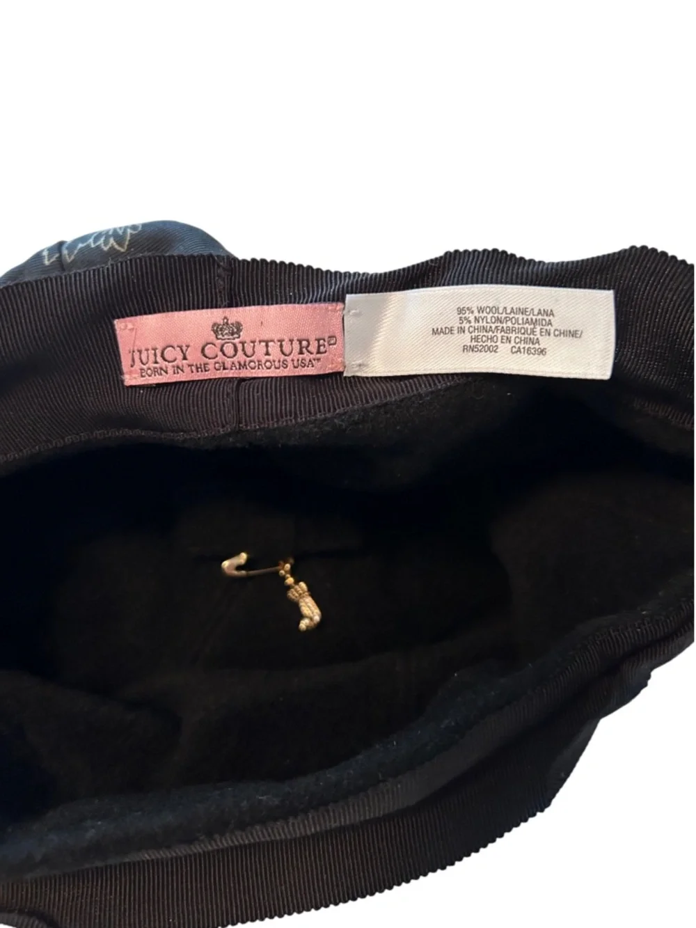 Juicy Couture Black Wool Beret with Rhinestone J Pin